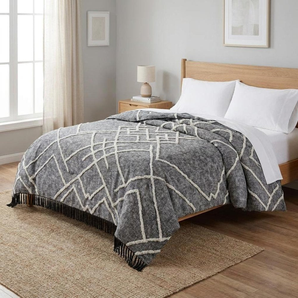 Charcoal and Off White Geometric Twin Cotton Coverlet With Fringe