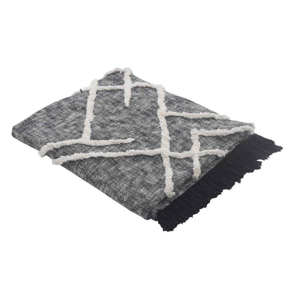 Charcoal and Off White Geometric King Cotton Coverlet With Fringe