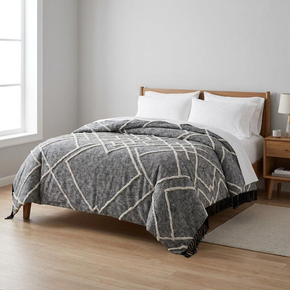 Charcoal and Off White Geometric Twin Cotton Coverlet With Fringe