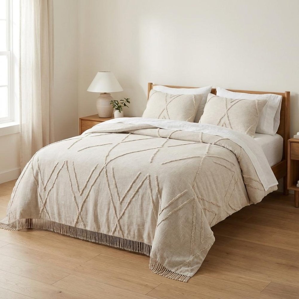 Ivory Geometric Twin Cotton Coverlet With Fringe