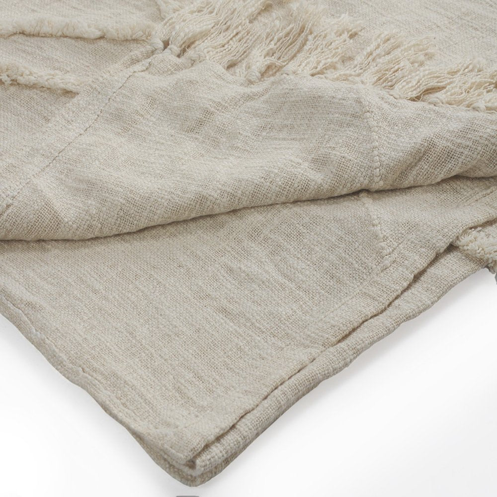 Ivory Geometric Twin Cotton Coverlet With Fringe