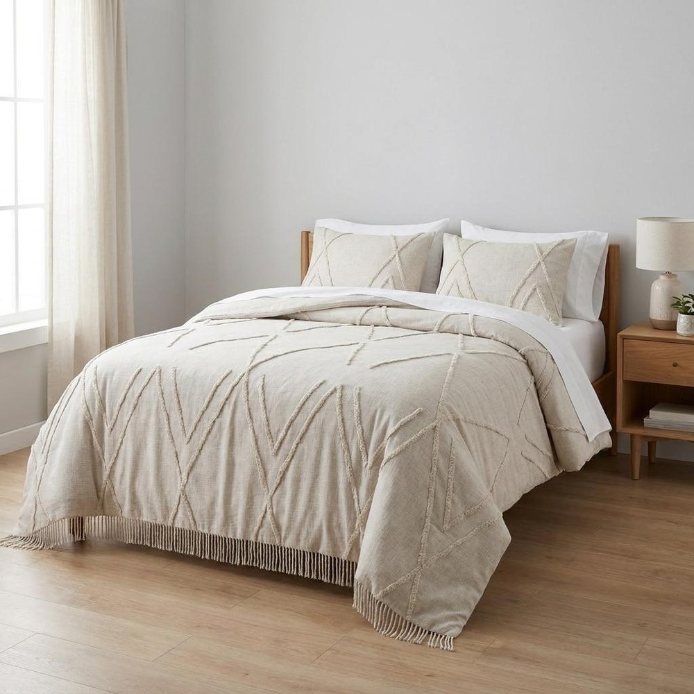 Ivory Geometric Twin Cotton Coverlet With Fringe