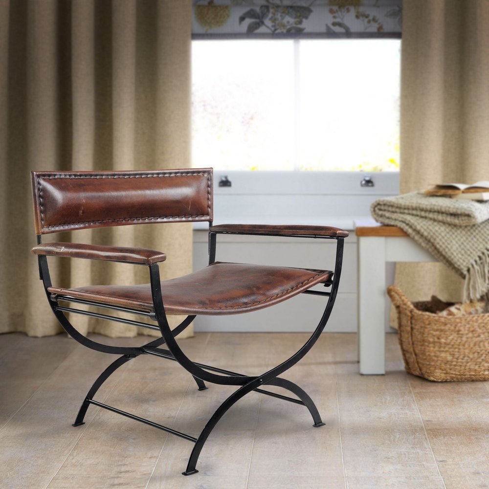 29" Brown and Black Metal And Genuine Leather Director's Chair
