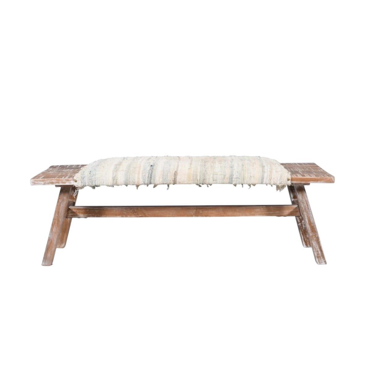 50" White and Brown Cotton Upholstered Striped Bench