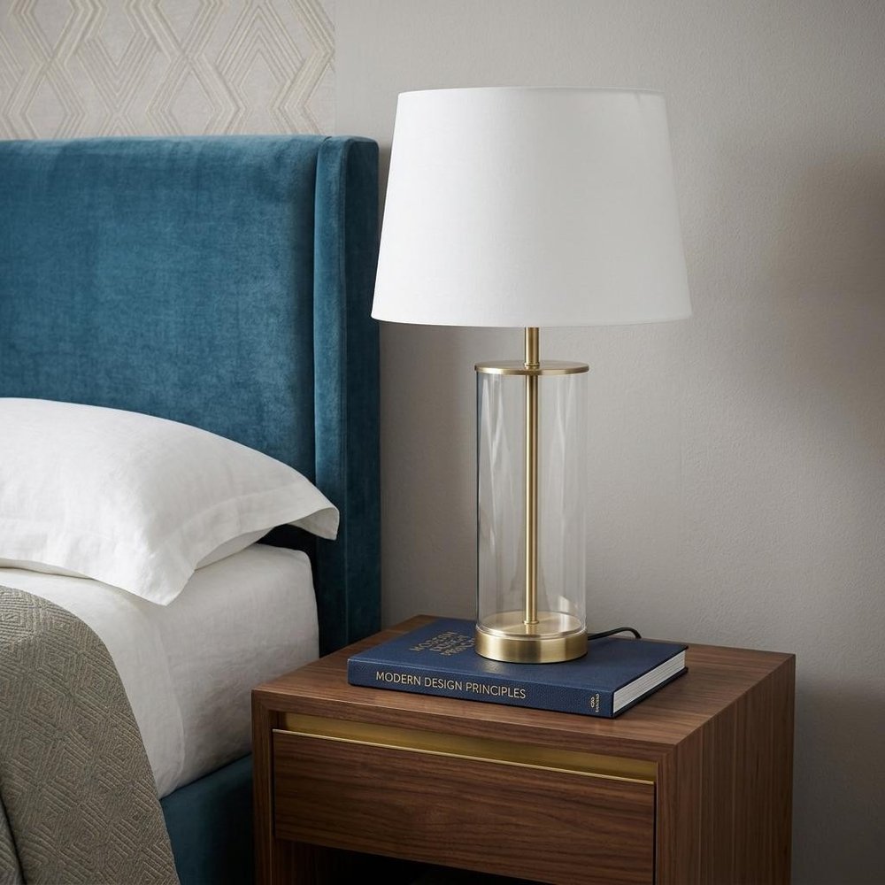 23" Brass And Clear USB Bedside Lamp With Empire Shade