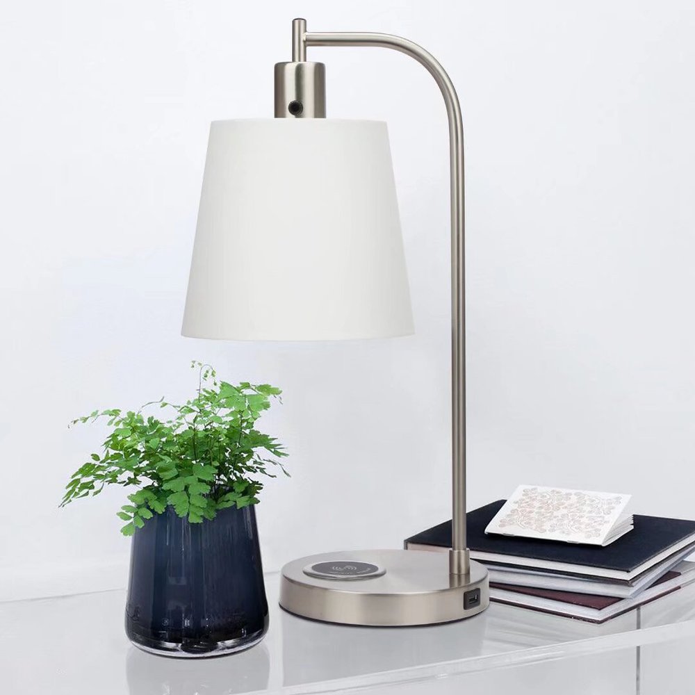 20" Nickel Round USB Bedside Lamp With Empire Shade