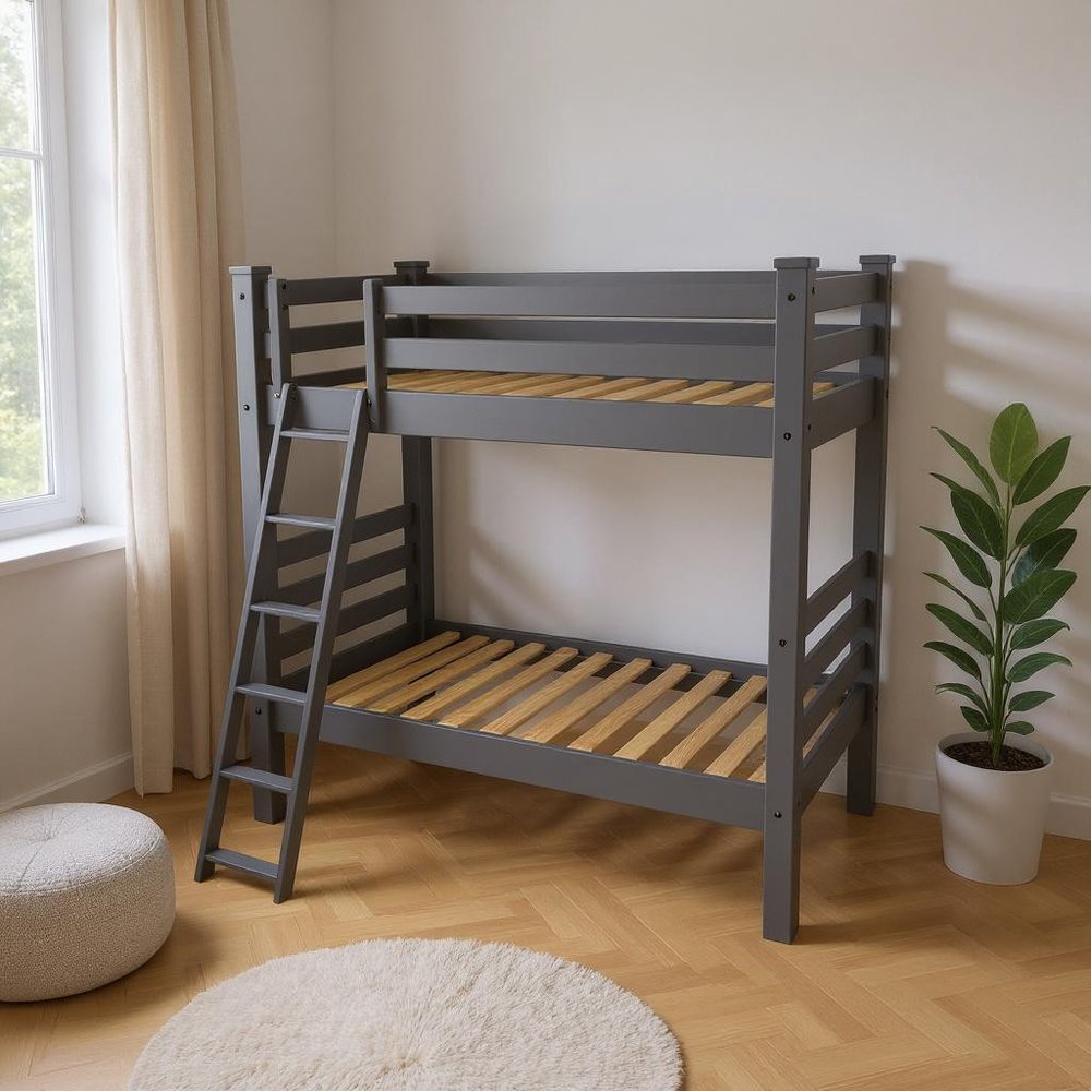 Gray Queen Solid Wood Bunk Bed