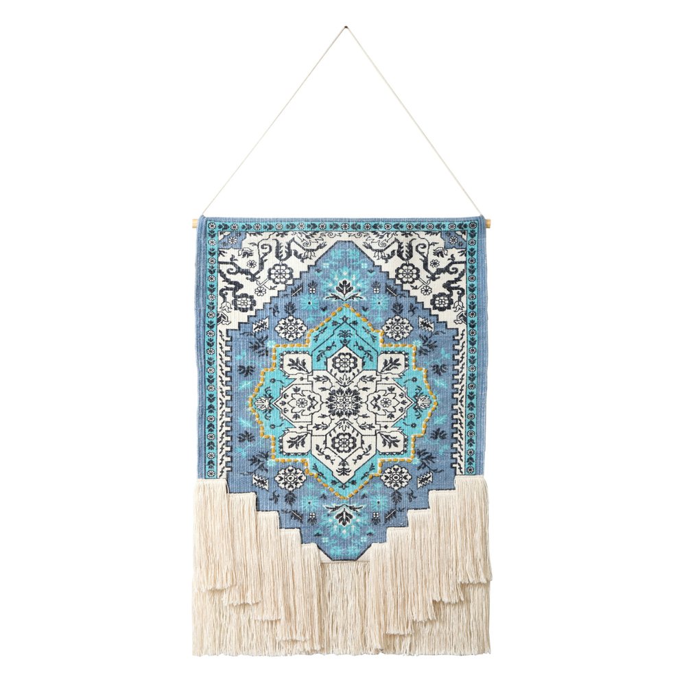45" X 26" Blue Aqua And Ivory Flower Floral Cotton Macrame Hanging Tapestry