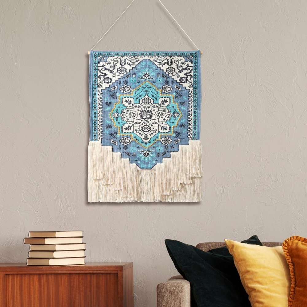 45" X 26" Blue Aqua And Ivory Flower Floral Cotton Macrame Hanging Tapestry