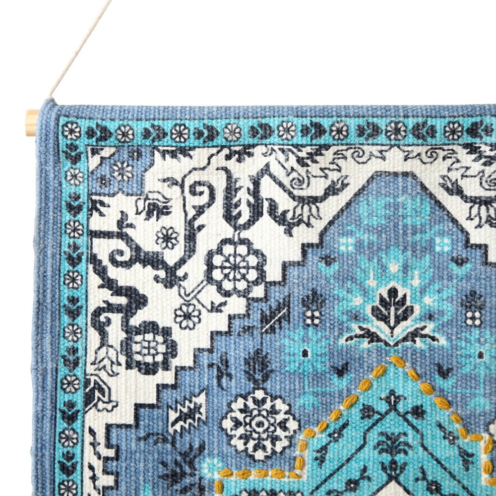 45" X 26" Blue Aqua And Ivory Flower Floral Cotton Macrame Hanging Tapestry