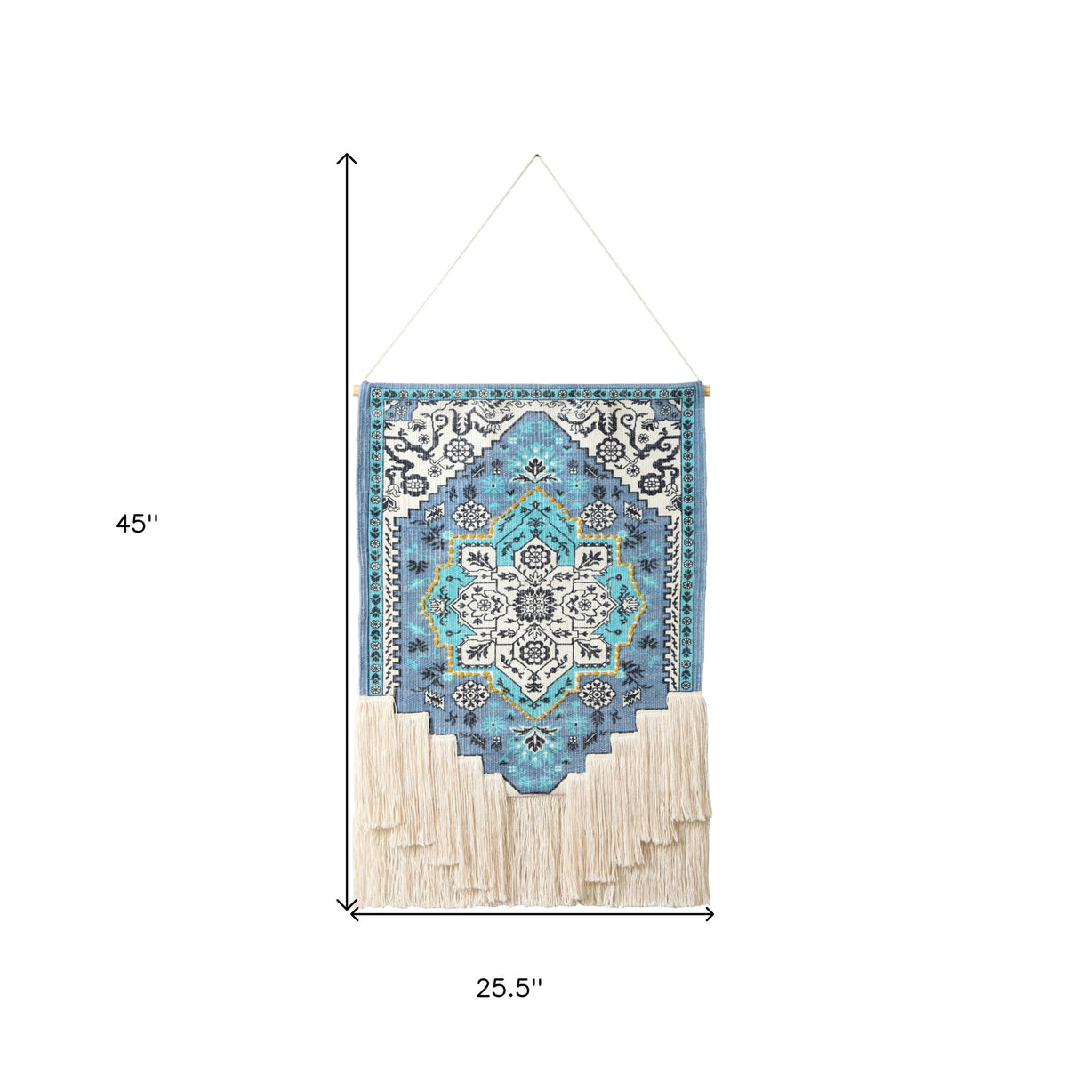 45" X 26" Blue Aqua And Ivory Flower Floral Cotton Macrame Hanging Tapestry