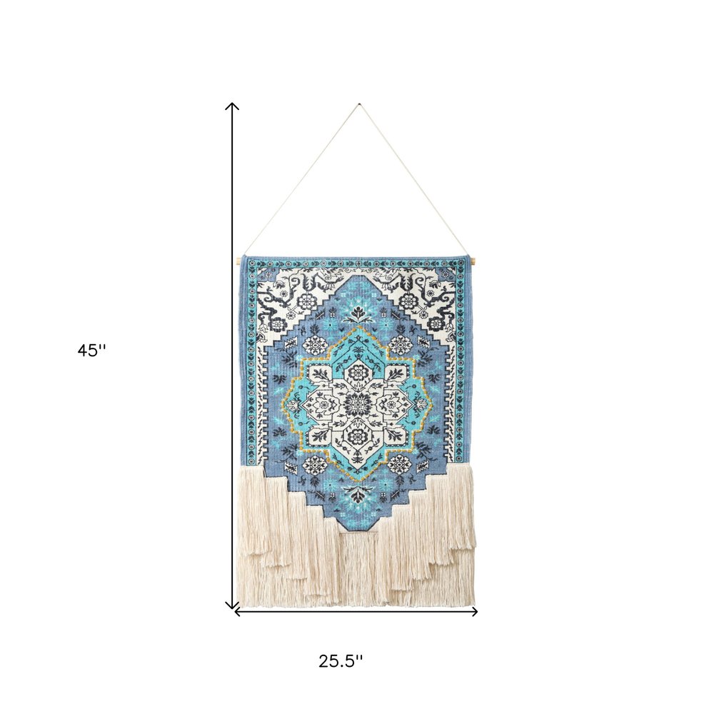 45" X 26" Blue Aqua And Ivory Flower Floral Cotton Macrame Hanging Tapestry