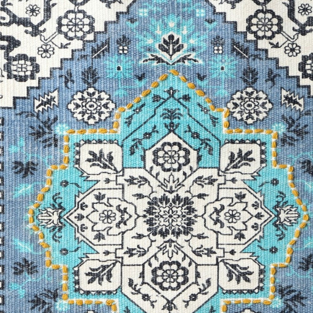 45" X 26" Blue Aqua And Ivory Flower Floral Cotton Macrame Hanging Tapestry