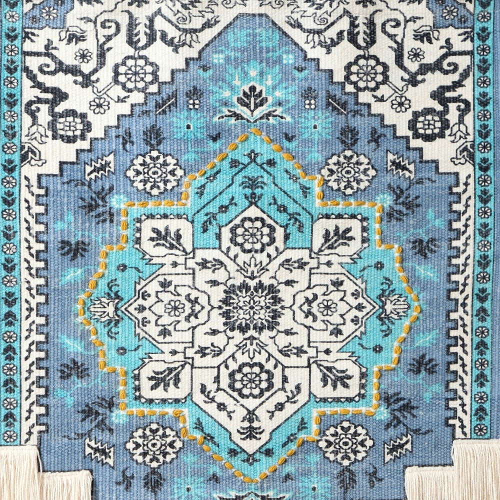 45" X 26" Blue Aqua And Ivory Flower Floral Cotton Macrame Hanging Tapestry