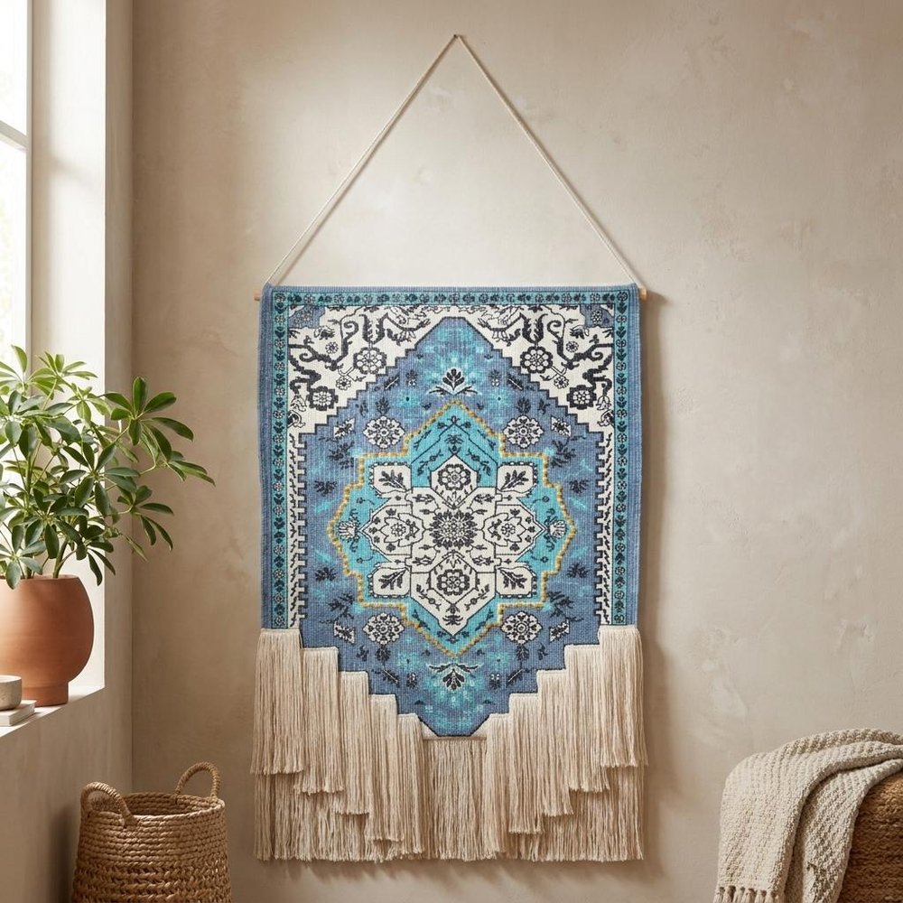 45" X 26" Blue Aqua And Ivory Flower Floral Cotton Macrame Hanging Tapestry