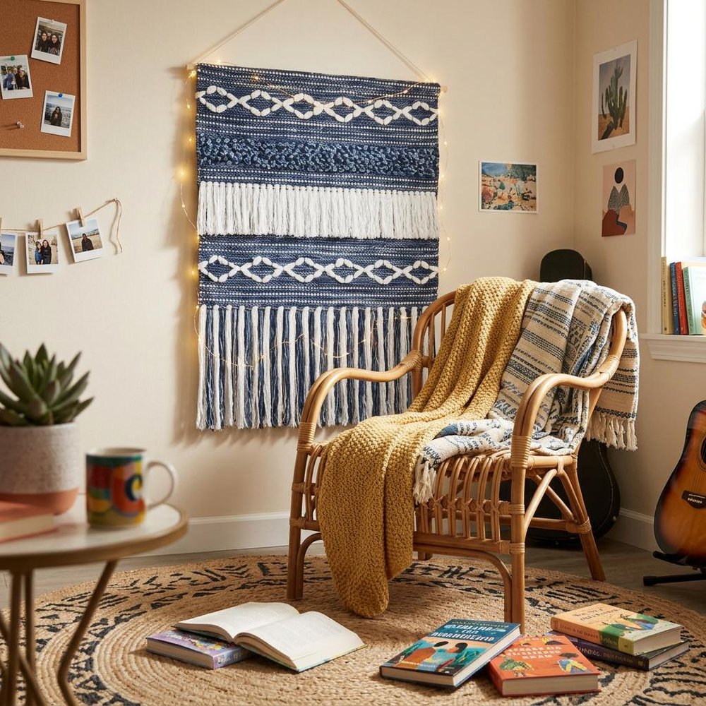 26" X 51" Denim Blue And White Geometric Cotton Macrame Hanging Tapestry