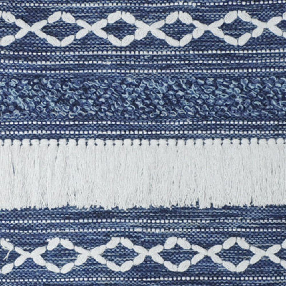 26" X 51" Denim Blue And White Geometric Cotton Macrame Hanging Tapestry