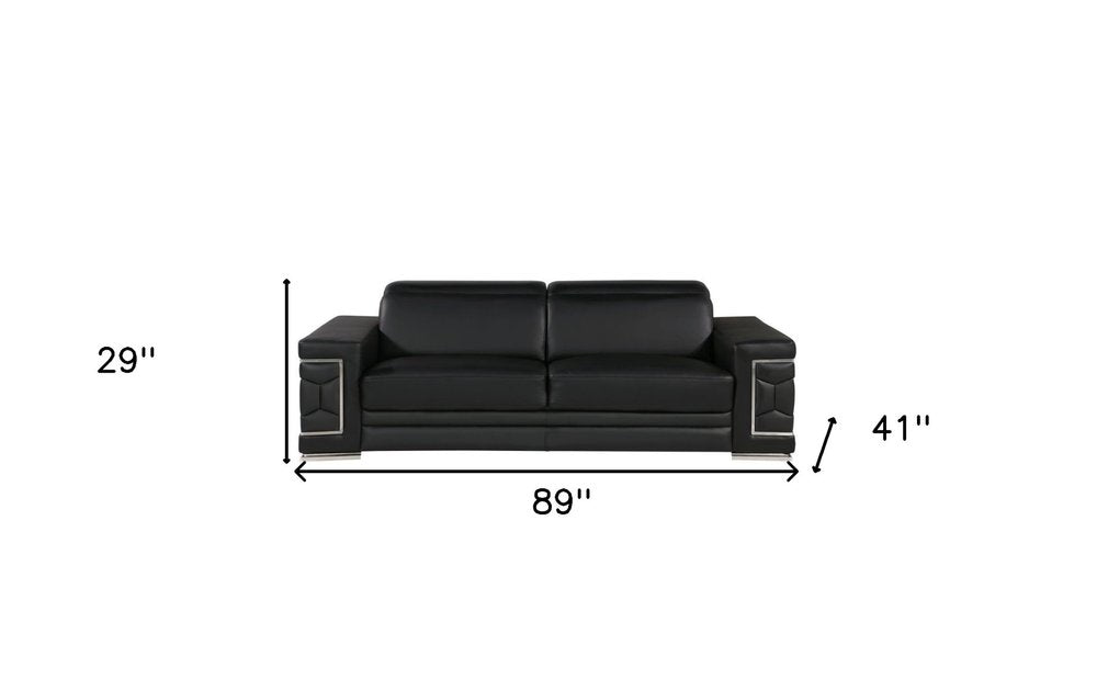 89" Beige Leather Sofa With Silver Legs