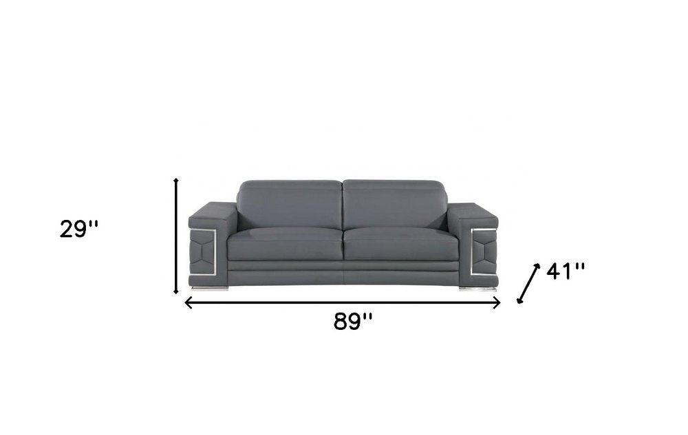 89" Beige Leather Sofa With Silver Legs