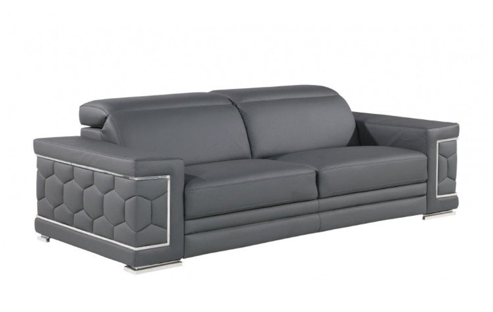 89" Beige Leather Sofa With Silver Legs