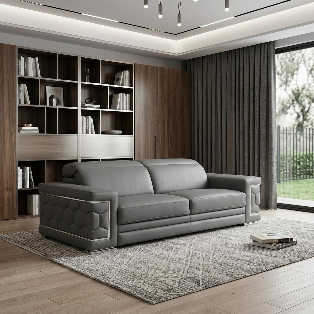 89" Gray Leather Sofa With Silver Legs