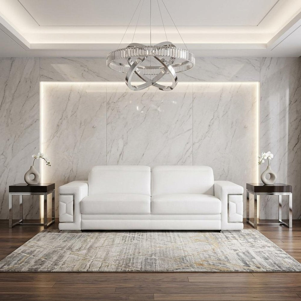 89" Beige Leather Sofa With Silver Legs