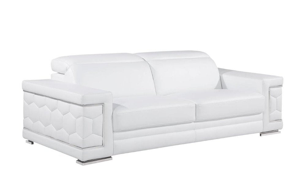 89" Beige Leather Sofa With Silver Legs