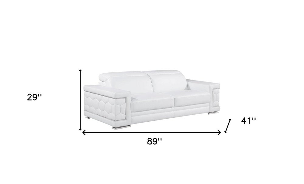 89" Beige Leather Sofa With Silver Legs