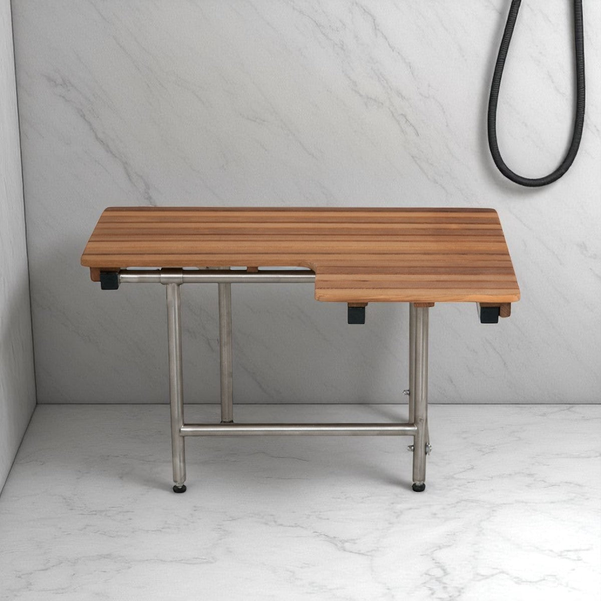 30" Brown Wall Mount Teak Rectangular Shower Bench With Legs