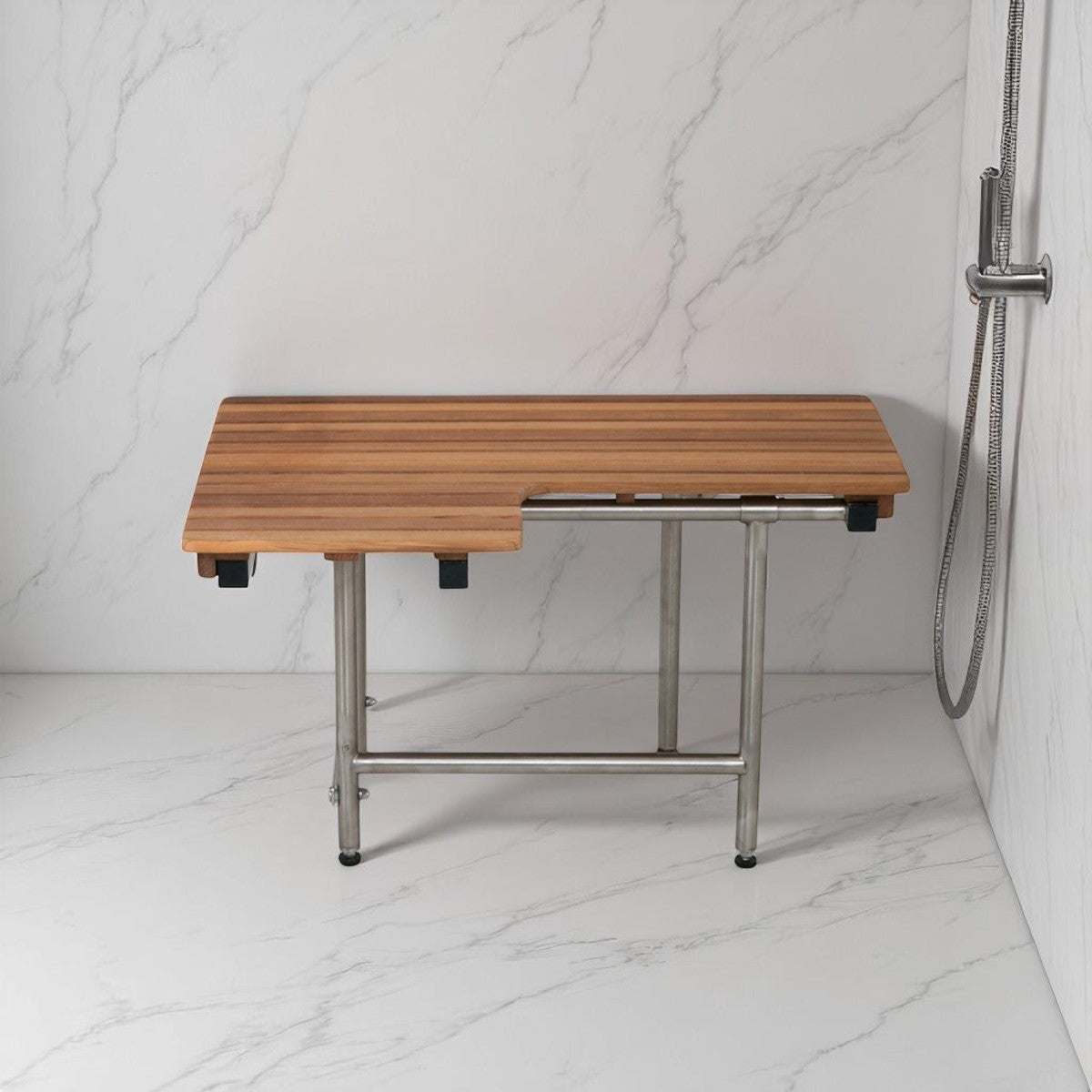 30" Brown Wall Mount Teak Rectangular Shower Bench With Legs
