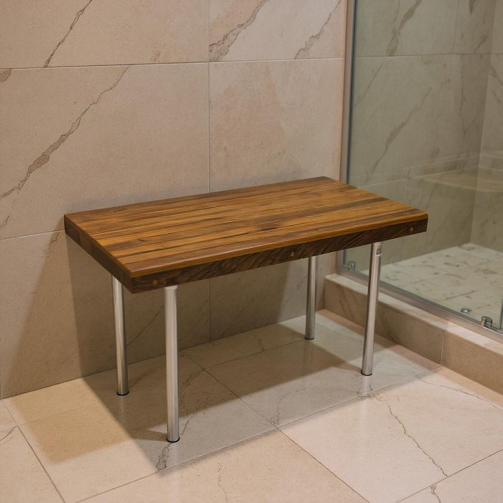 18" X 25" Brown Teak And Stainless Steel Rectangular Shower Bench
