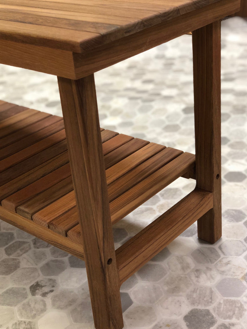 18" X 30" Brown Teak Rectangular Shower Bench With Shelf