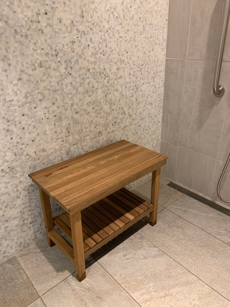 18" X 30" Brown Teak Rectangular Shower Bench With Shelf