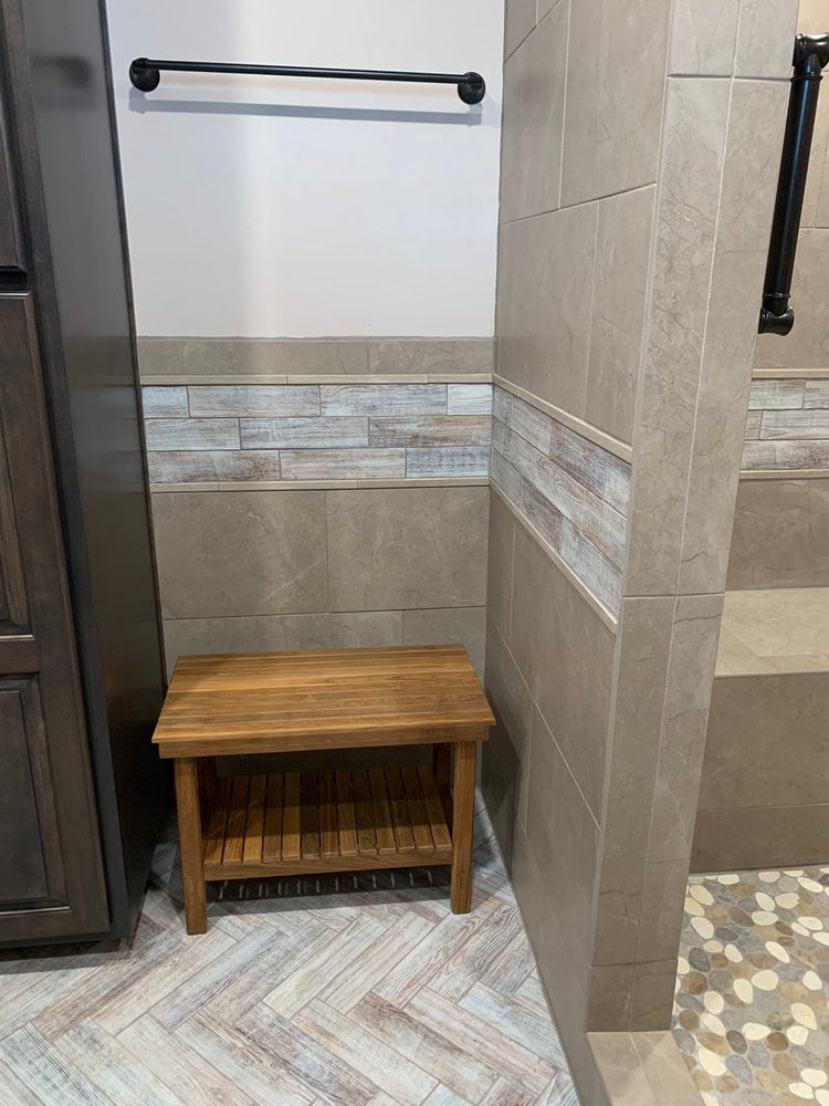 18" X 30" Brown Teak Rectangular Shower Bench With Shelf