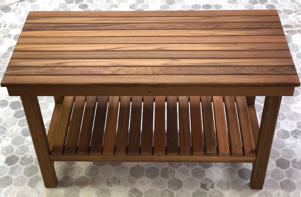 18" X 30" Brown Teak Rectangular Shower Bench With Shelf