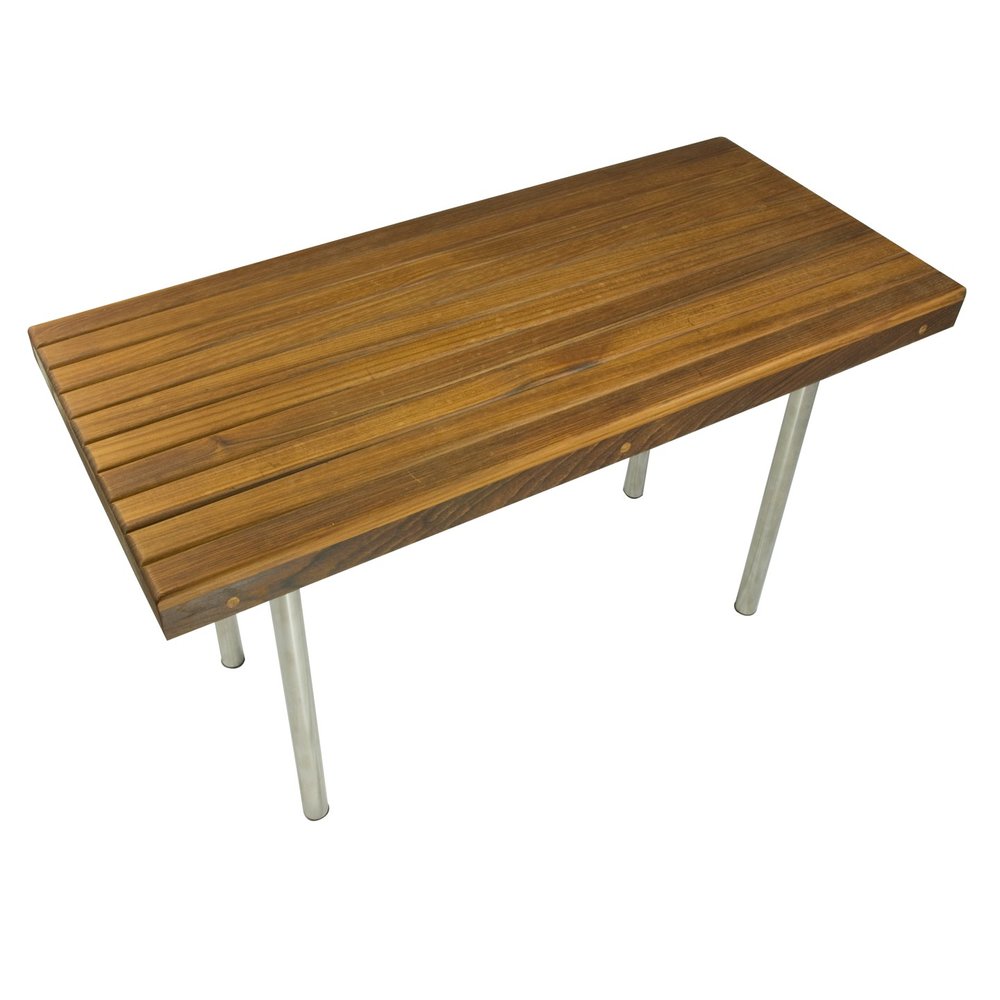 18" X 30" Brown Teak Wood And Stainless Steel Rectangular Shower Bench