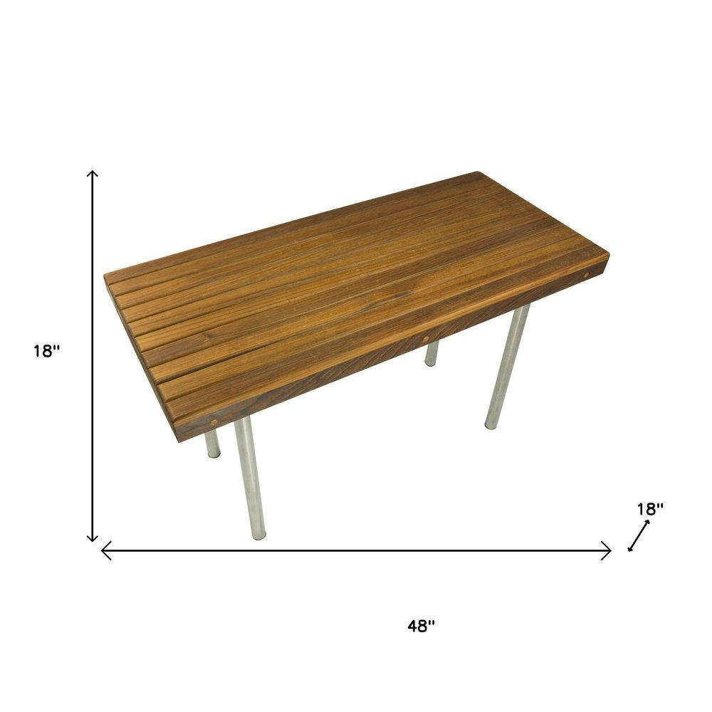18" X 48" Brown Teak Wood And Stainless Steel Rectangular Shower Bench