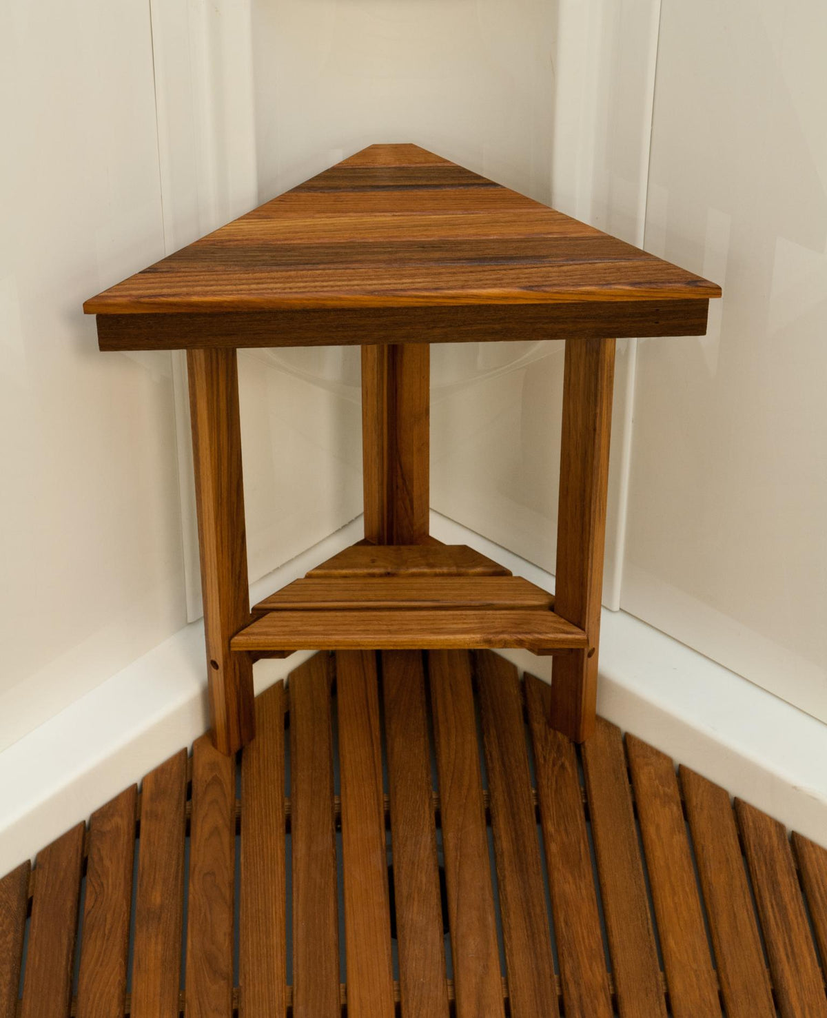 18" X 17" Brown Teak Corner Shower Bench With Shelf