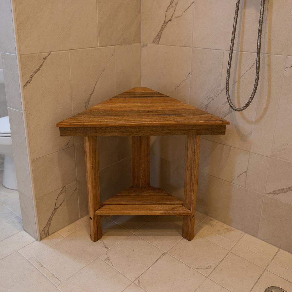 18" X 17" Brown Teak Corner Shower Bench With Shelf
