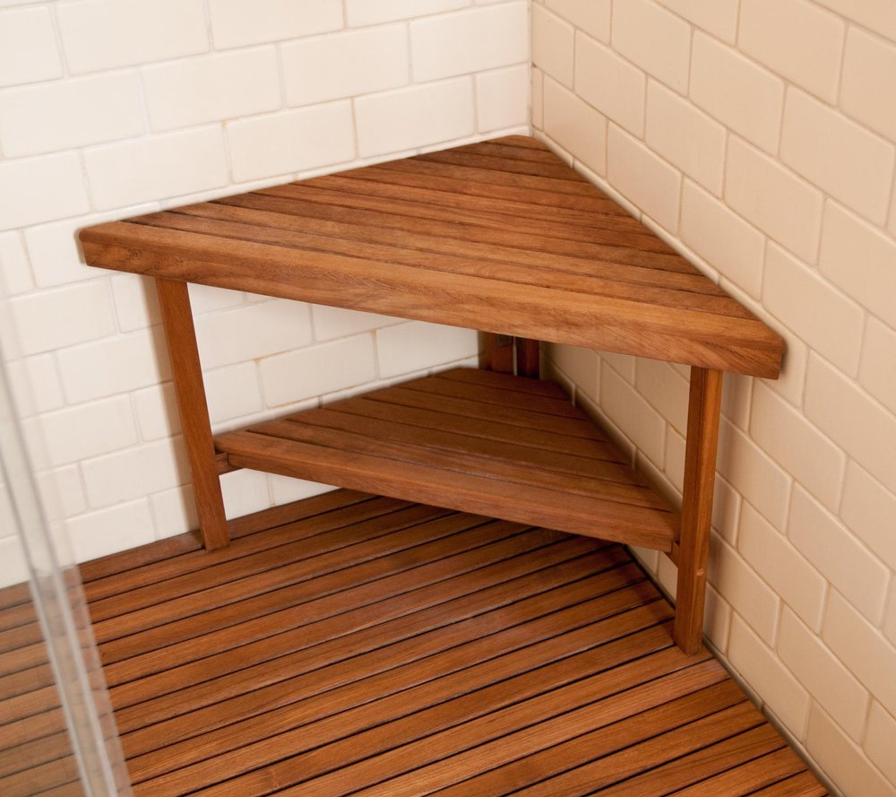18" X 31" Brown Teak Corner Shower Bench With Shelf