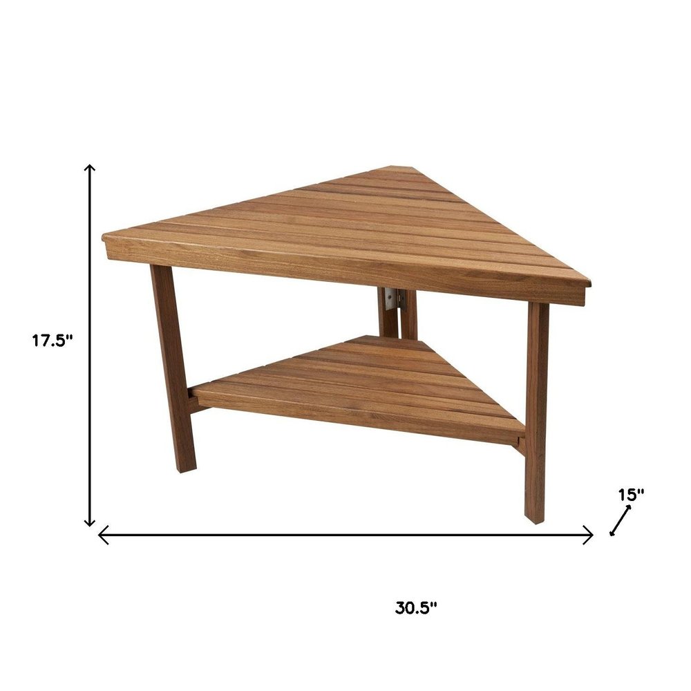18" X 31" Brown Teak Corner Shower Bench With Shelf
