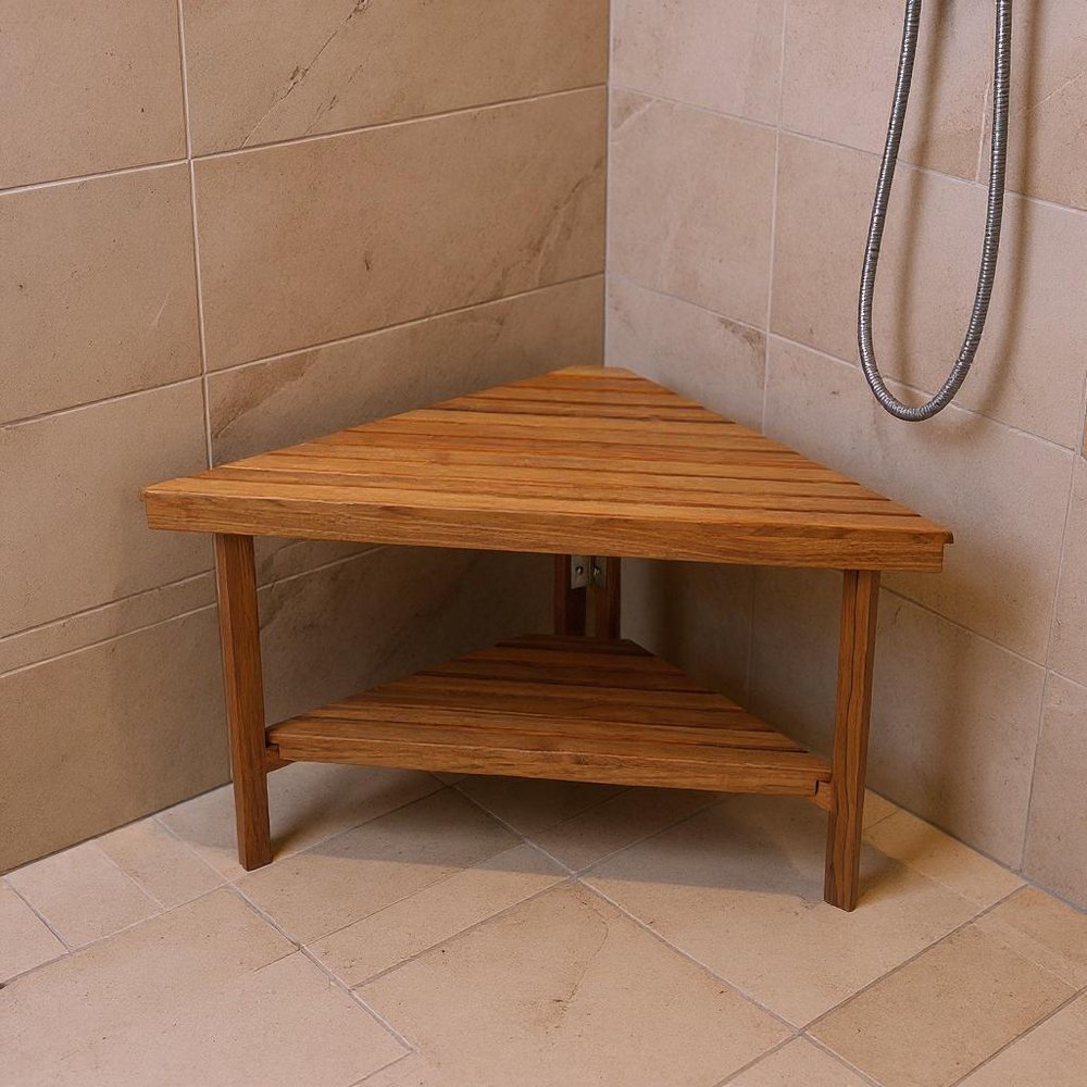 18" X 31" Brown Teak Corner Shower Bench With Shelf