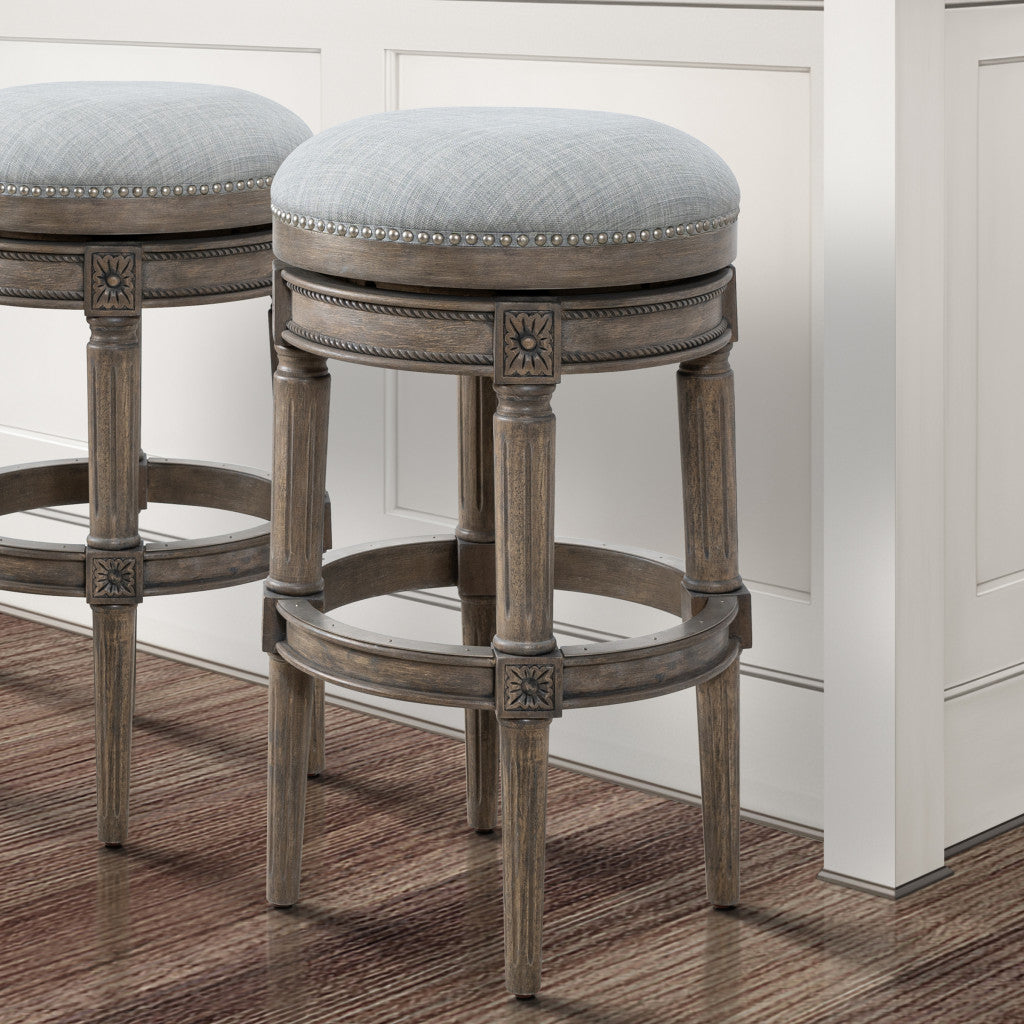 31" Gray Fabric And Solid Wood Backless Bar Height Swivel Bar Chair