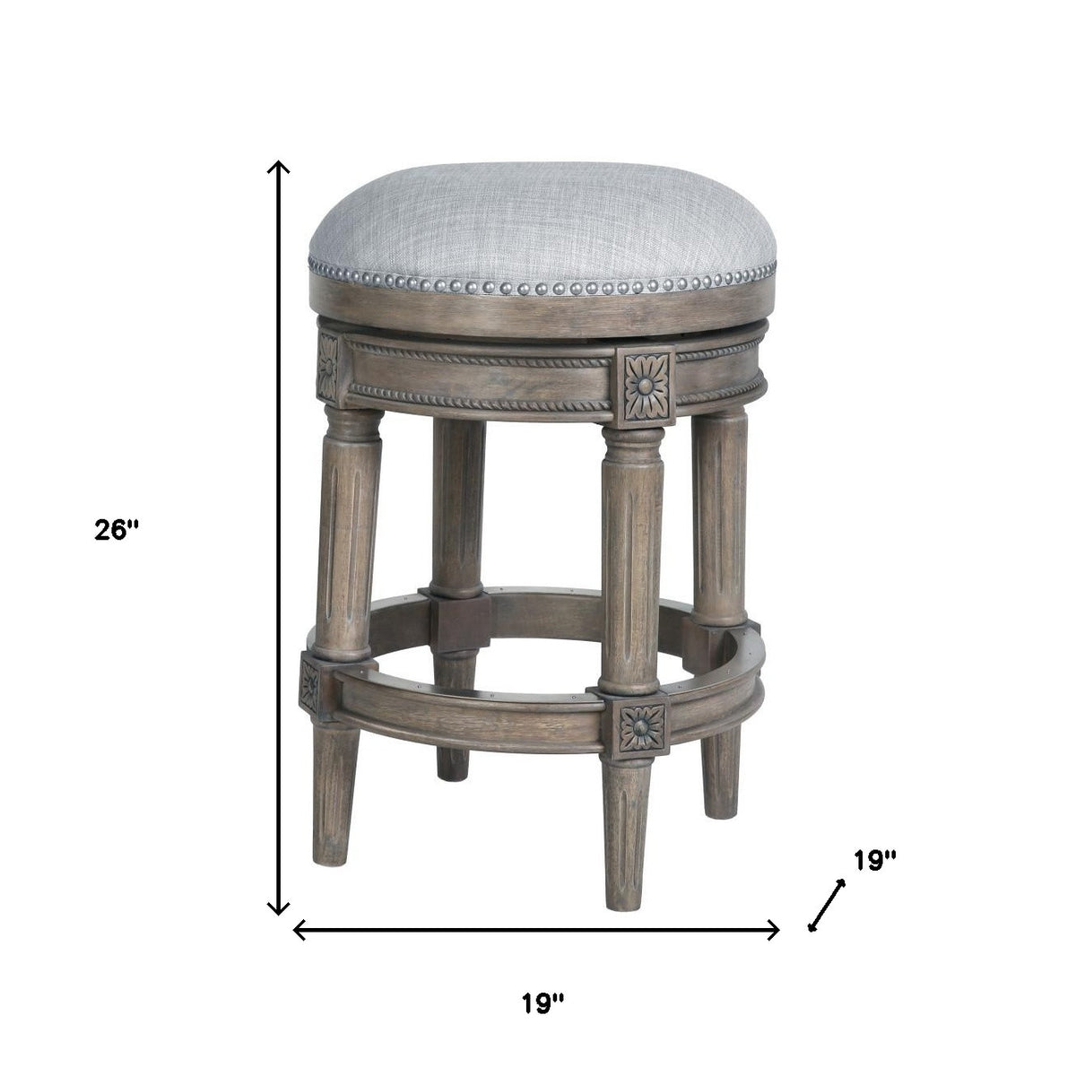 26" Gray Fabric And Solid Wood Backless Counter Height Swivel Bar Chair