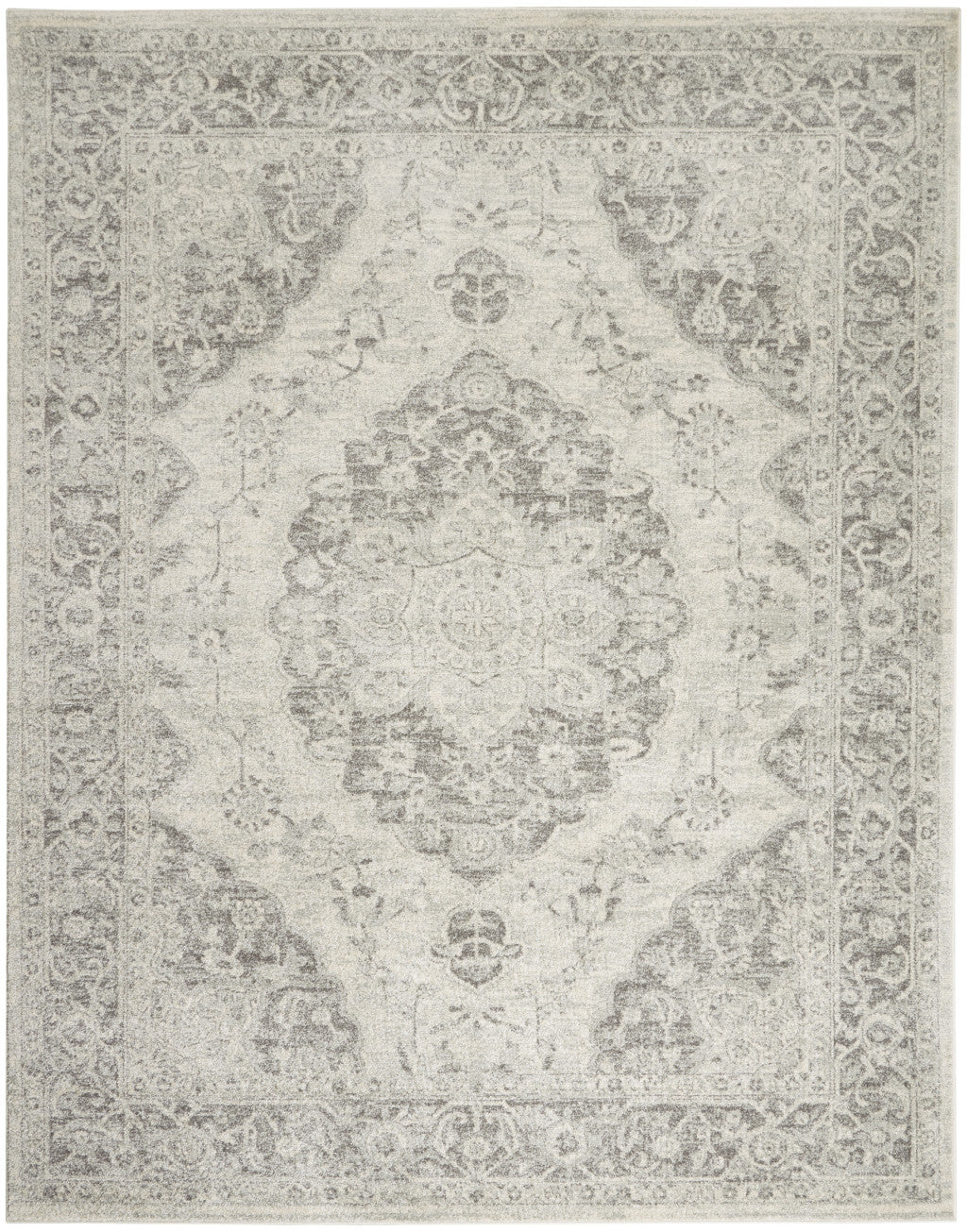 8' X 10' Ivory And Gray Floral Medallion Distressed Area Rug