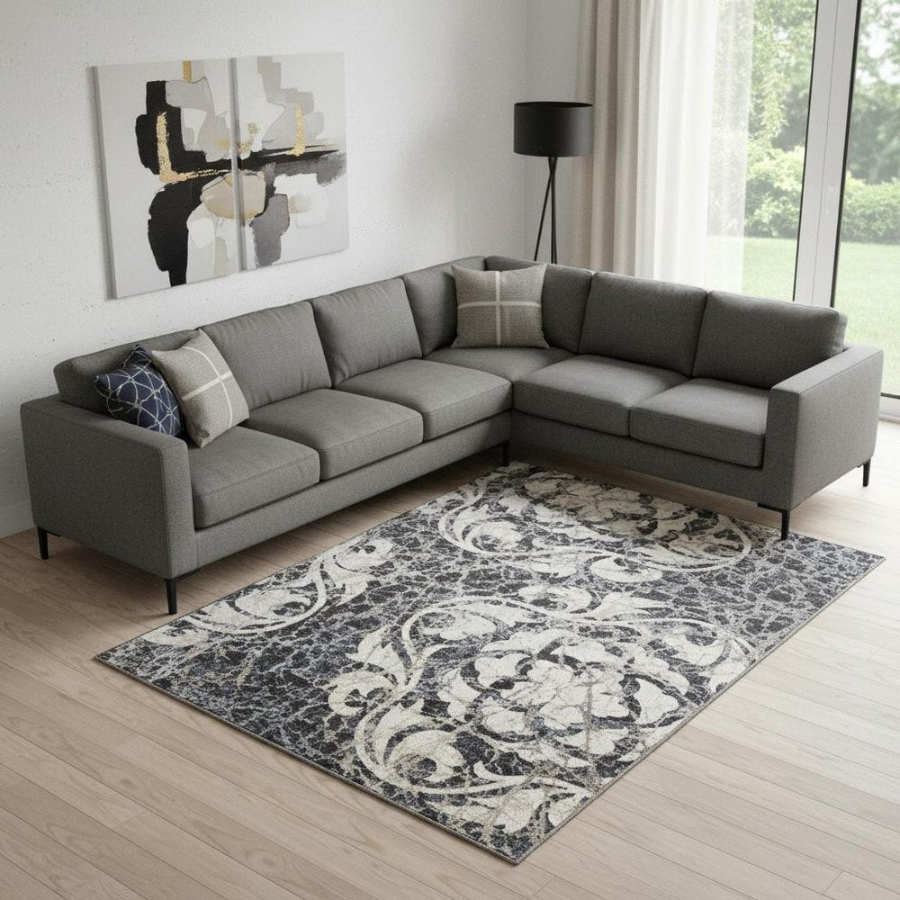 9' X 13' Ivory Charcoal and Gray Floral Distressed Non Skid Area Rug