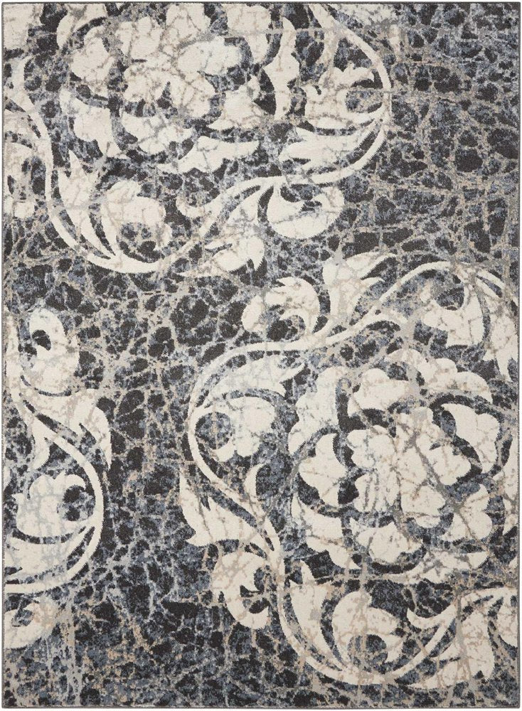 9' X 13' Ivory Charcoal and Gray Floral Distressed Non Skid Area Rug