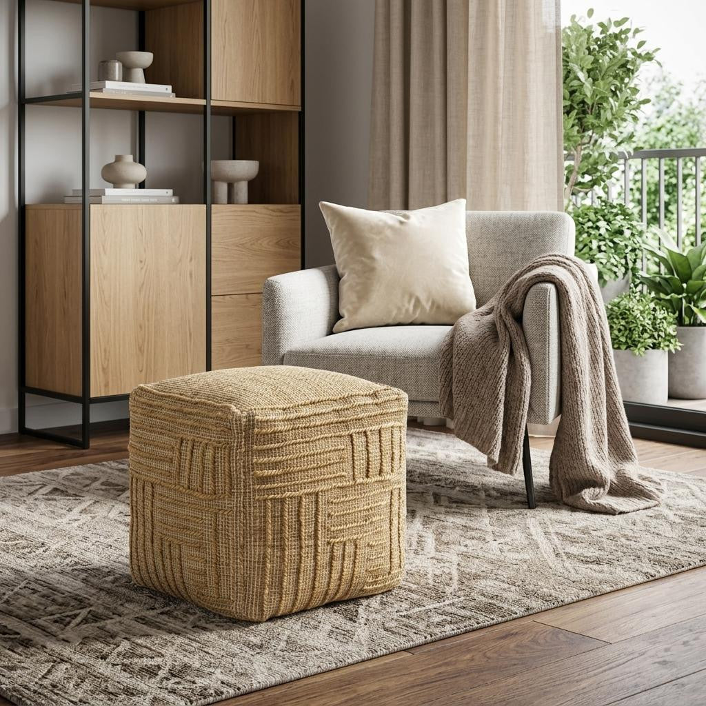 18" Natural Jute Blend Cube Striped Pouf Ottoman