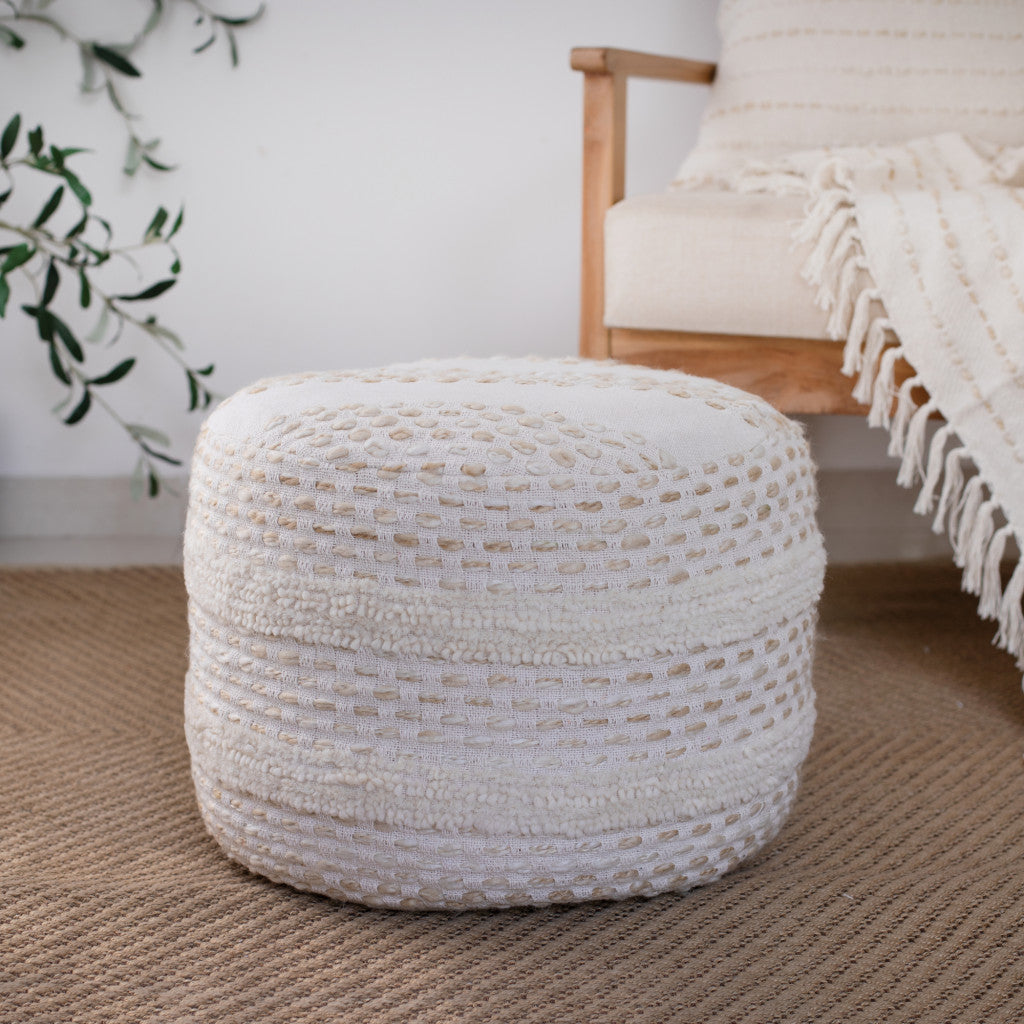 18" Natural And Ivory Cotton Blend Round Striped Pouf Ottoman