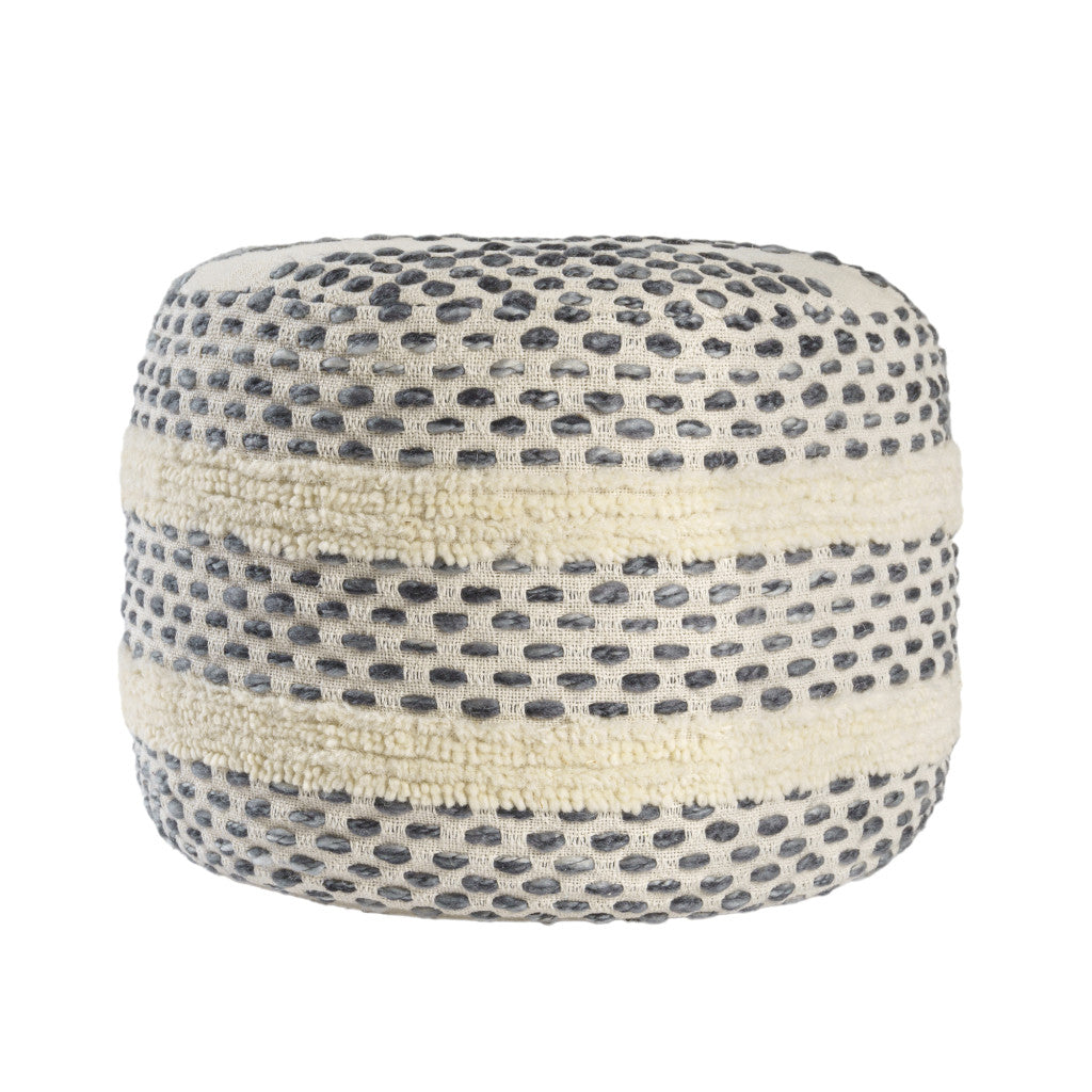 18" Ivory And Blue Cotton Blend Round Striped Pouf Ottoman